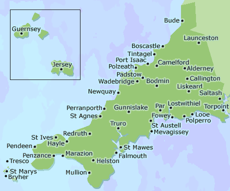 Cornwall, Isles of Scilly, Channel Islands map